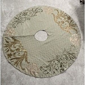 Anthropologie 60" Tree Skirt Christmas Round Green Floral Sequins Cotton Linen
